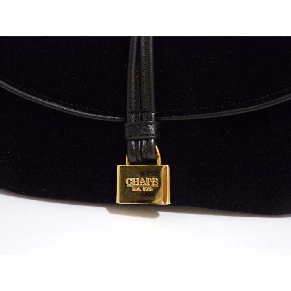 Chaps Black Velvet Satchel w/Goldtone Accents Snap Closure Faux Leather Handle